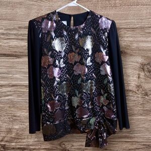Vintage 80s Boston Maid black metallic crêpe blouse. Size 10.